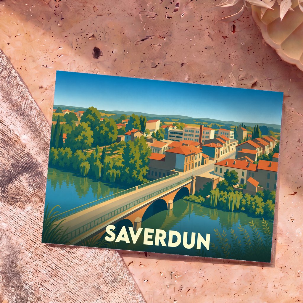 Carte postale souvenir de la ville de Saverdun avec une illustration stylisée d'un pont enjambant une rivière.