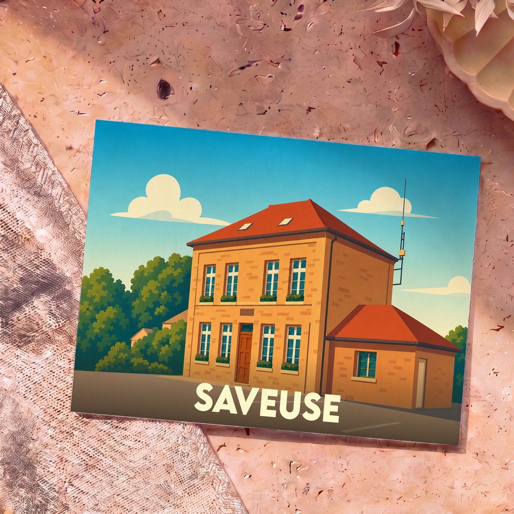 Carte postale souvenir de la ville de Saveuse illustrant une bâtisse traditionnelle sous un ciel bleu.