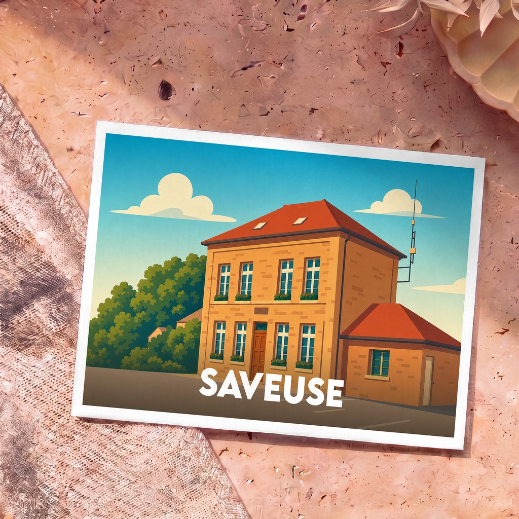 Carte postale souvenir de la ville de Saveuse illustrant une bâtisse traditionnelle sous un ciel bleu.