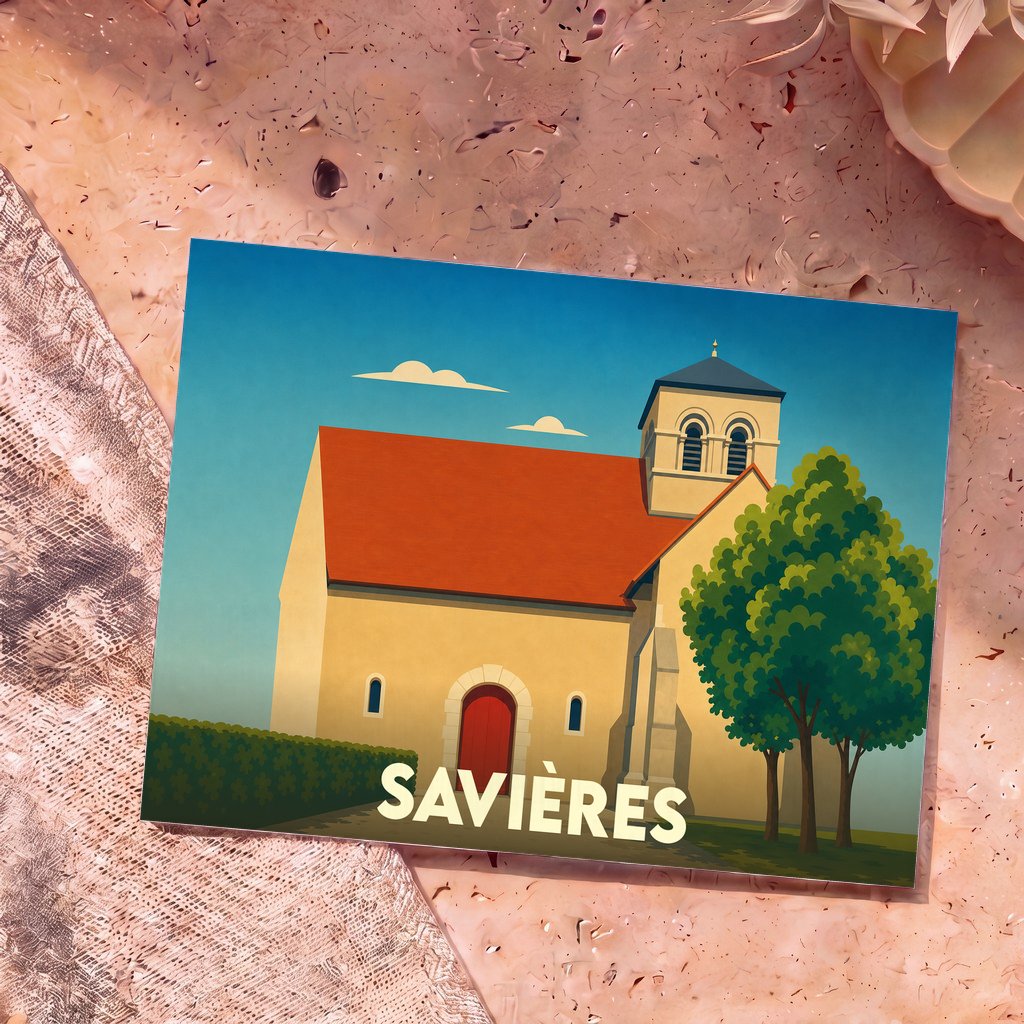 Carte postale souvenir de la ville de Savières avec une illustration stylisée de son église.