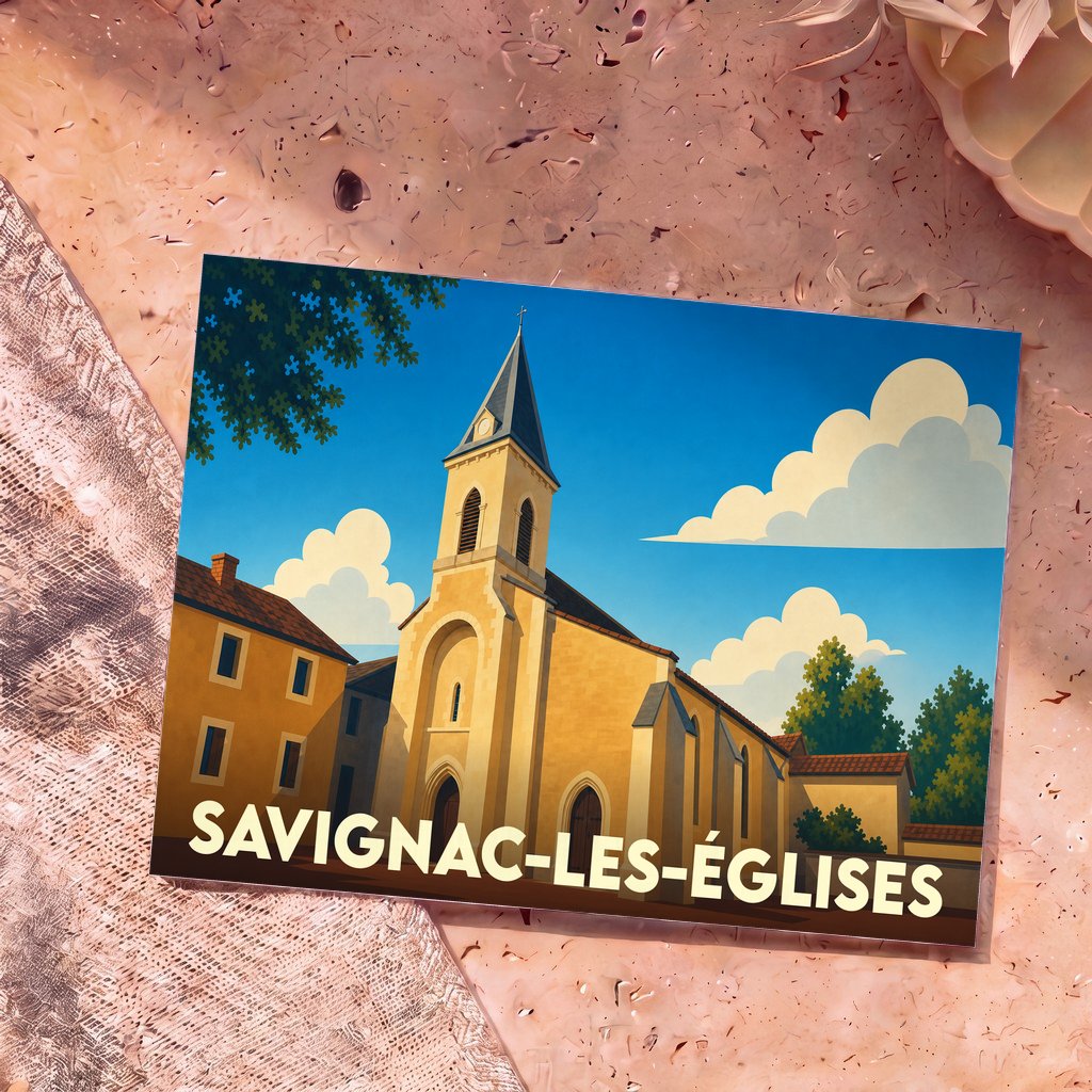 Carte postale souvenir de la ville de Savignac-les-Églises avec une illustration stylisée de son église sous un ciel bleu.