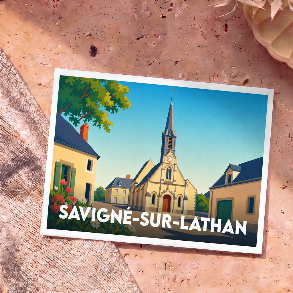 Carte postale souvenir de la ville de Savigné-sur-Lathan avec une illustration stylisée de son église.