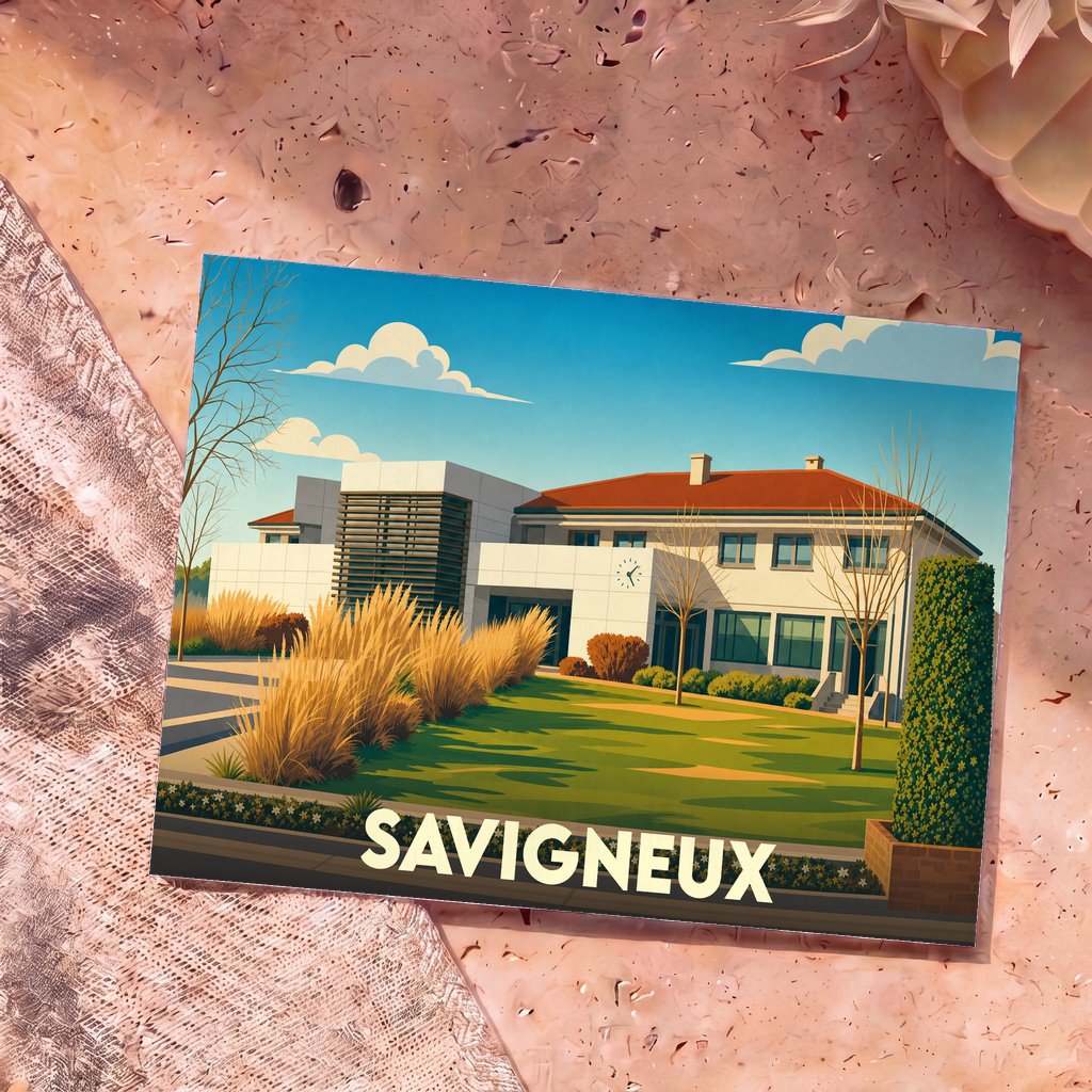 Carte postale souvenir de la ville de Savigneux avec une illustration stylisée de son hôtel de ville moderne et ensoleillé.