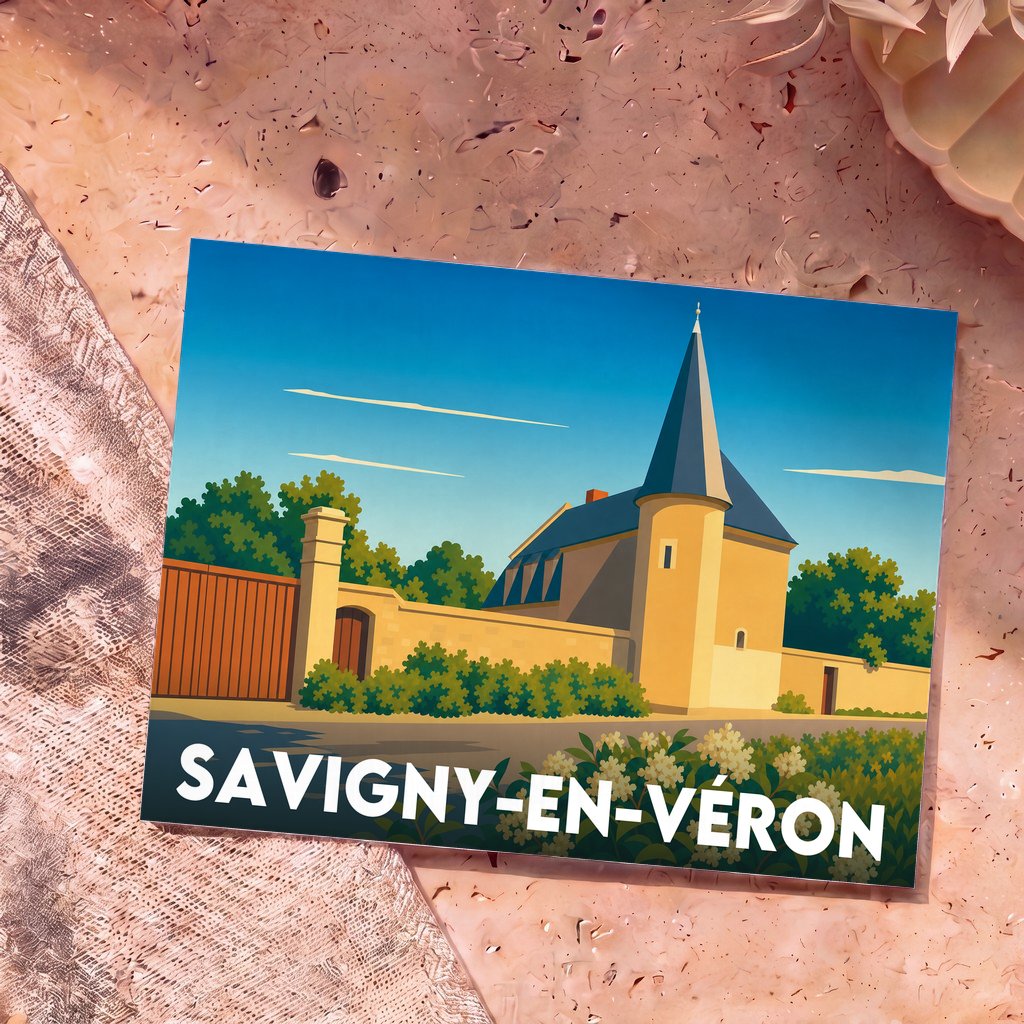 Carte postale souvenir de la ville de Savigny-en-Véron illustrée d'un manoir stylisé sous un ciel bleu.