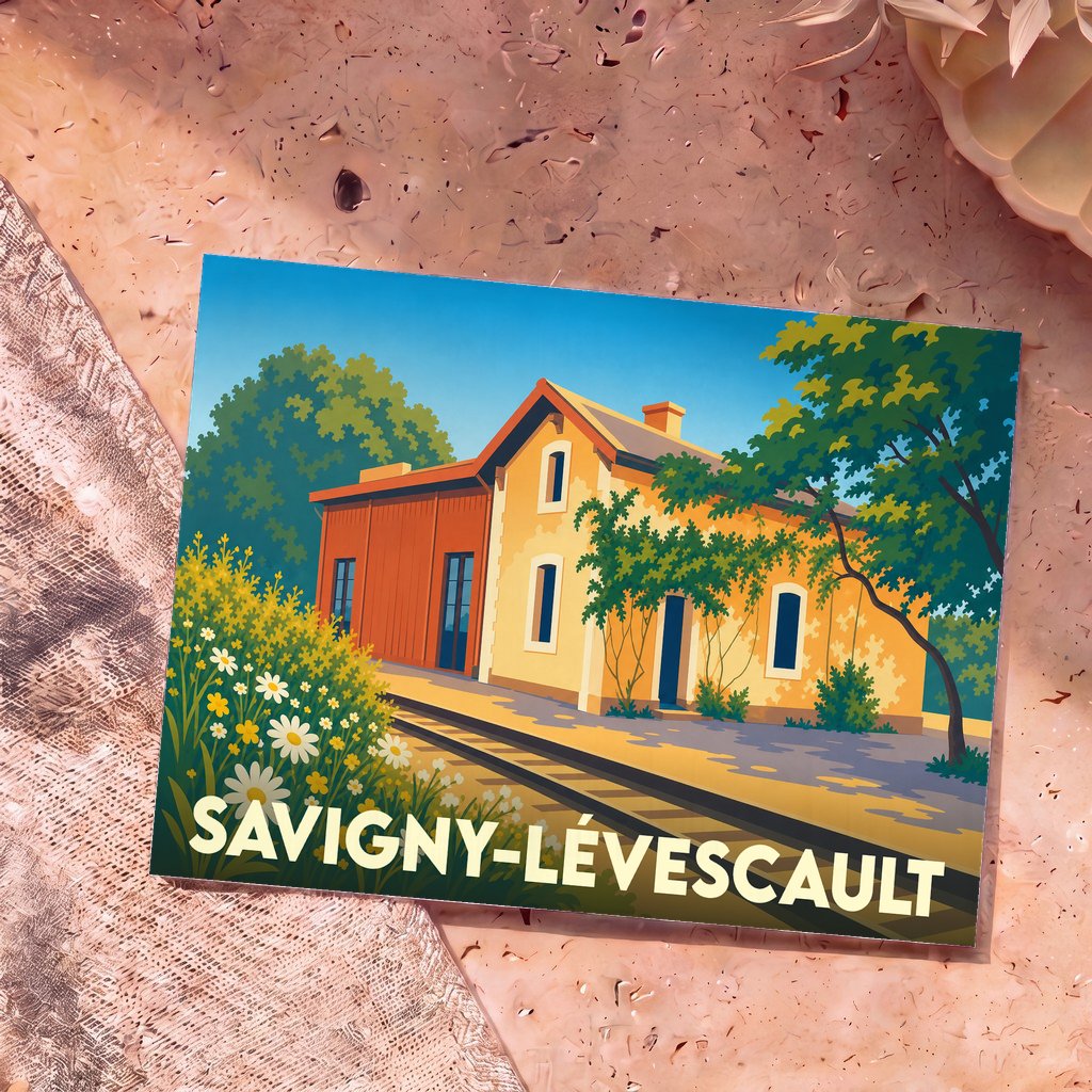 Carte postale souvenir de Savigny-Lévescault illustrant une ancienne gare ferroviaire dans un style graphique épuré et coloré.
