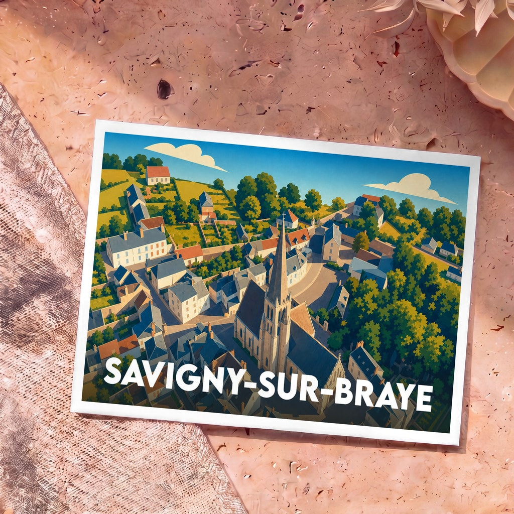 Carte postale souvenir de la ville de Savigny-sur-Braye avec une illustration stylisée d'une église et de maisons de village.