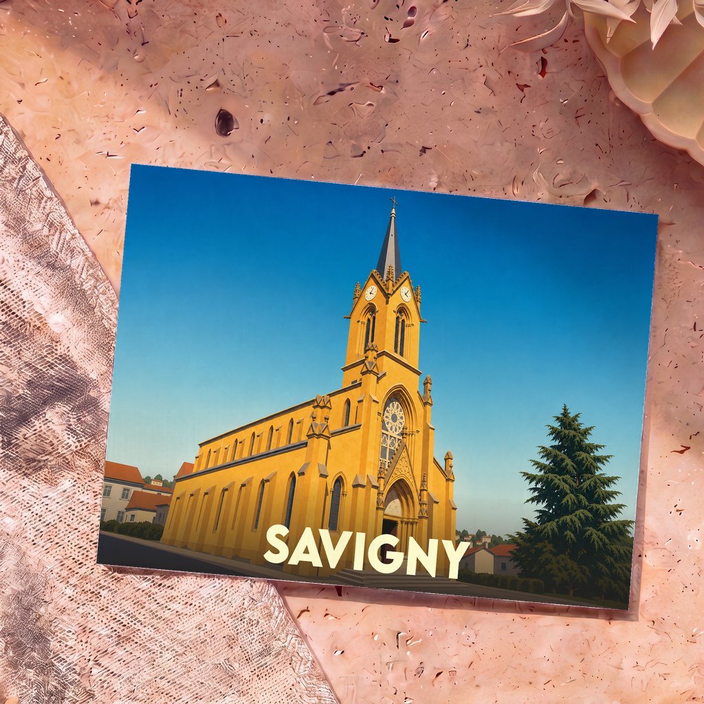 Carte postale souvenir de la ville de Savigny avec une illustration stylisée de son église sous un ciel bleu.
