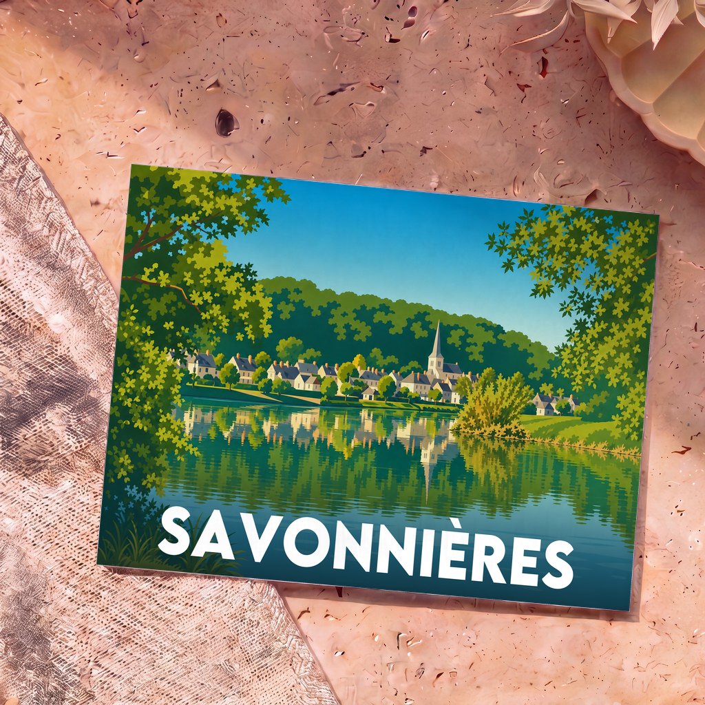 Carte postale souvenir de la ville de Savonnières avec une illustration stylisée d'un village en bord de rivière.