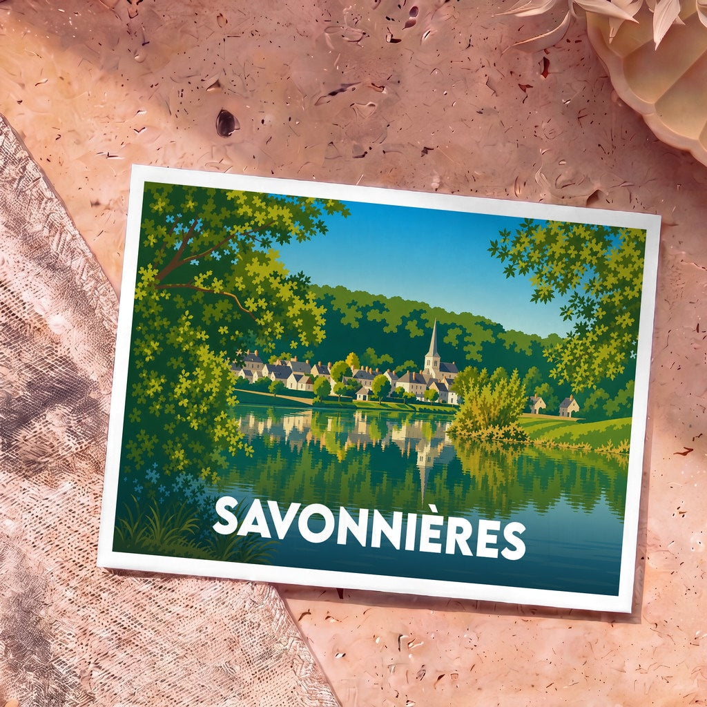 Carte postale souvenir de la ville de Savonnières avec une illustration stylisée d'un village en bord de rivière.
