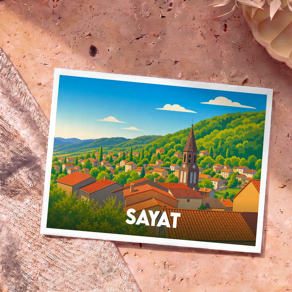 Carte postale souvenir de la ville de Sayat avec une illustration stylisée de ses toits orangés et de son clocher nichés dans une vallée verdoyante.