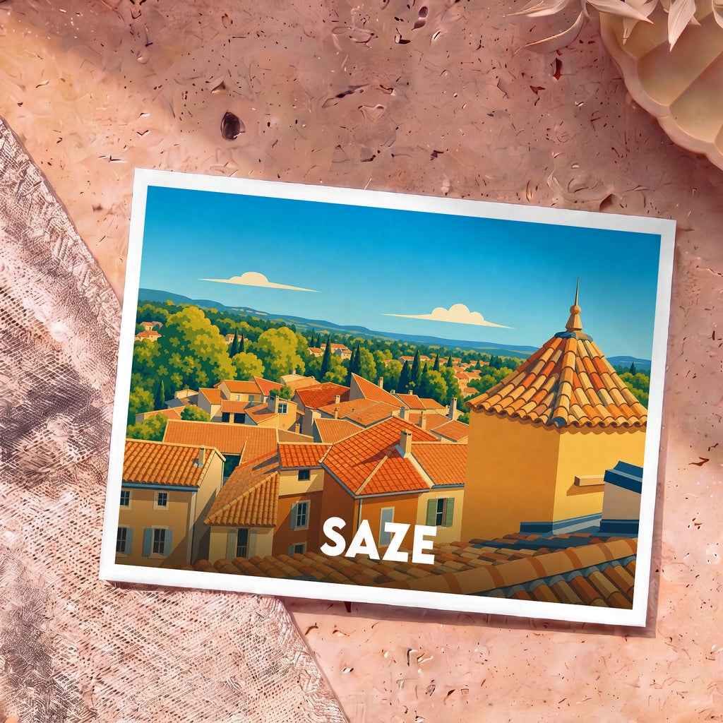 Carte postale souvenir de la ville de Saze avec une illustration stylisée des toits et du paysage environnant.