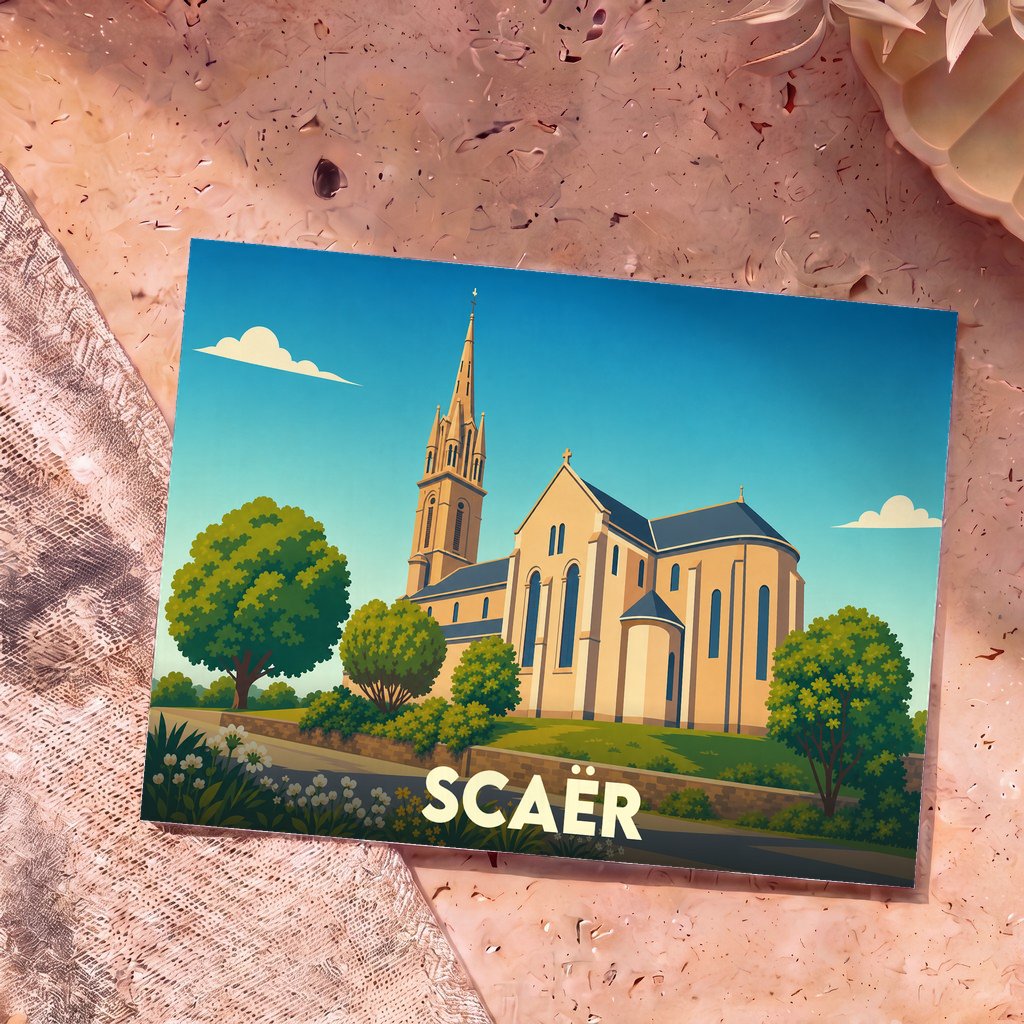 Carte postale souvenir de la ville de Scaër illustrant son église avec un style graphique épuré.