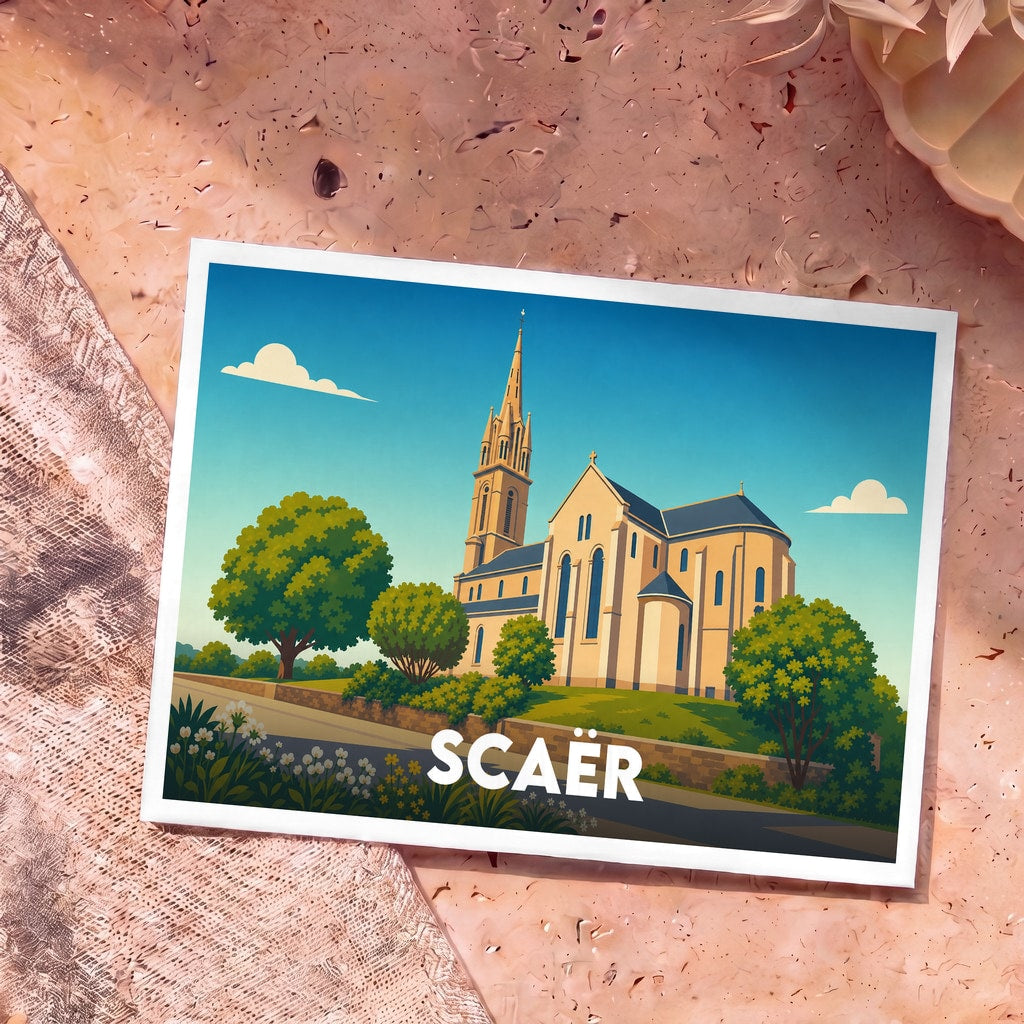 Carte postale souvenir de la ville de Scaër illustrant son église avec un style graphique épuré.