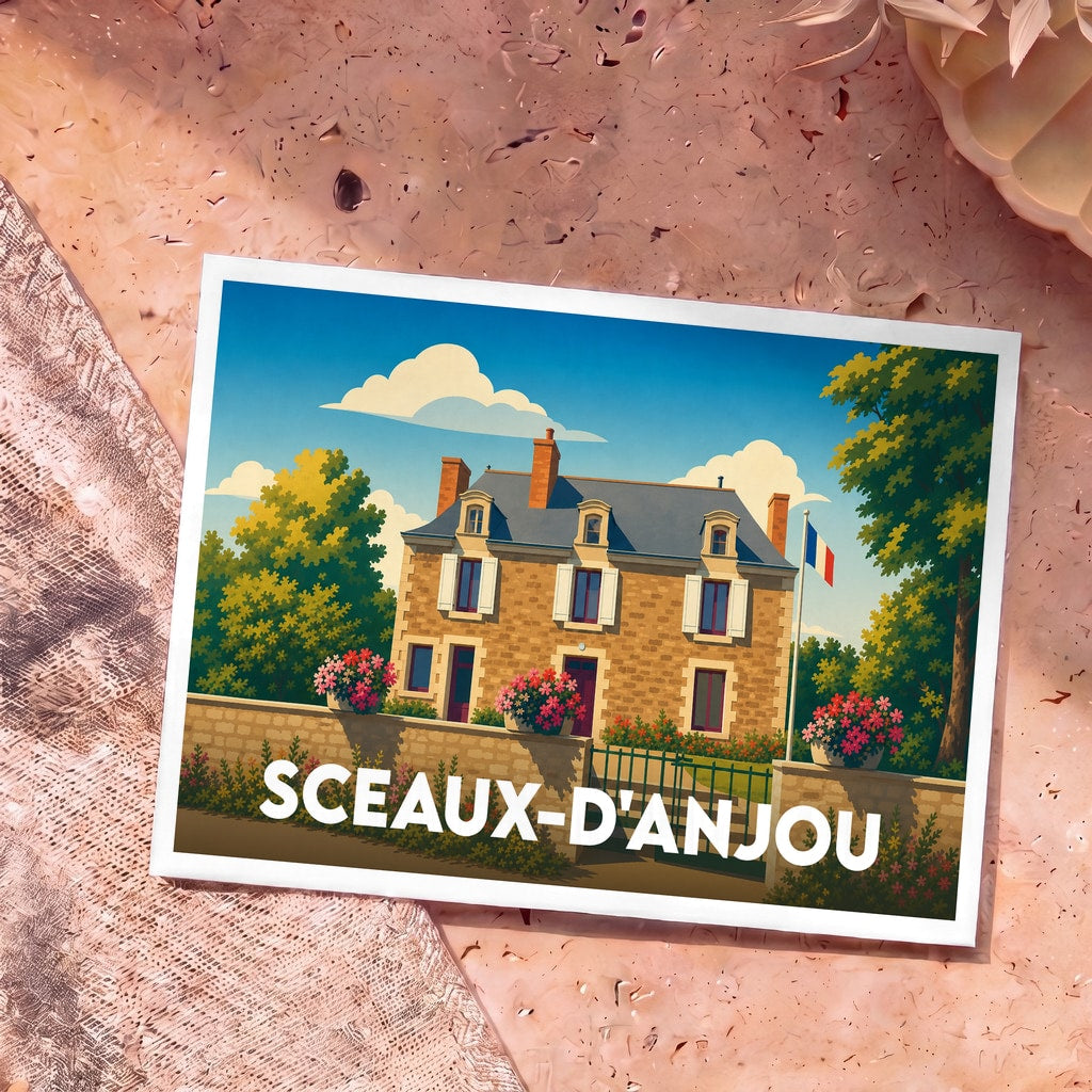 Carte postale souvenir de Sceaux-d'Anjou présentant l'illustration colorée d'une maison de ville typique sous un ciel bleu.