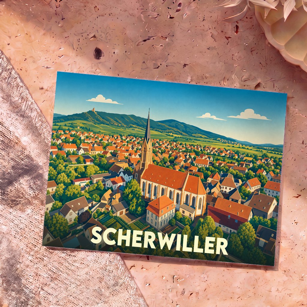 Carte postale souvenir de la ville de Scherwiller avec une illustration panoramique stylisée de son église et de ses paysages environnants.