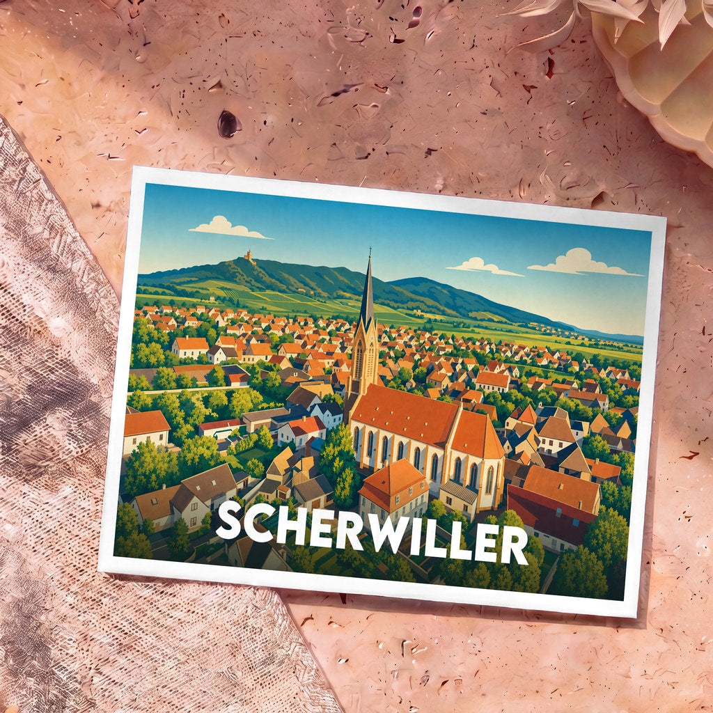 Carte postale souvenir de la ville de Scherwiller avec une illustration panoramique stylisée de son église et de ses paysages environnants.