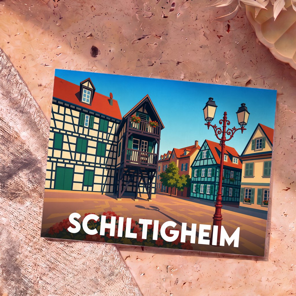 Carte postale souvenir de la ville de Schiltigheim avec une illustration stylisée de maisons à colombages.