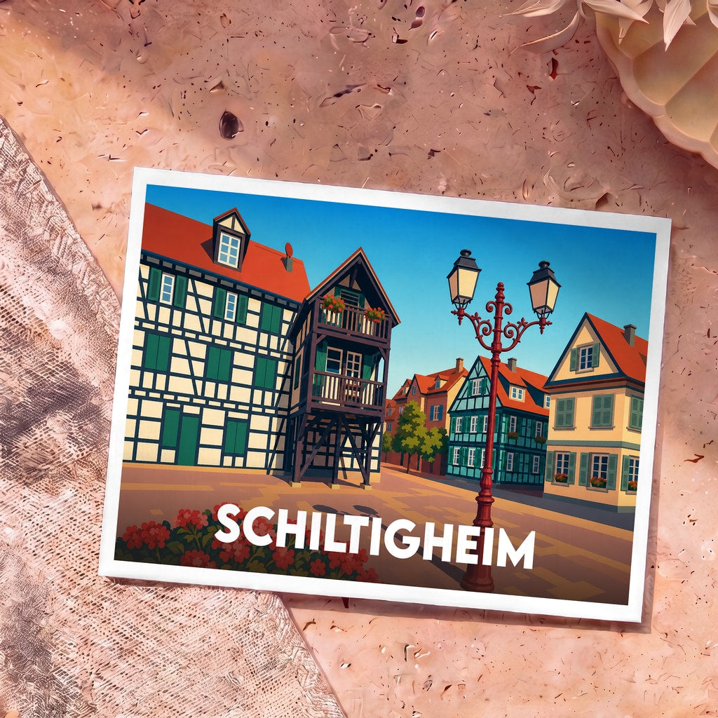 Carte postale souvenir de la ville de Schiltigheim avec une illustration stylisée de maisons à colombages.