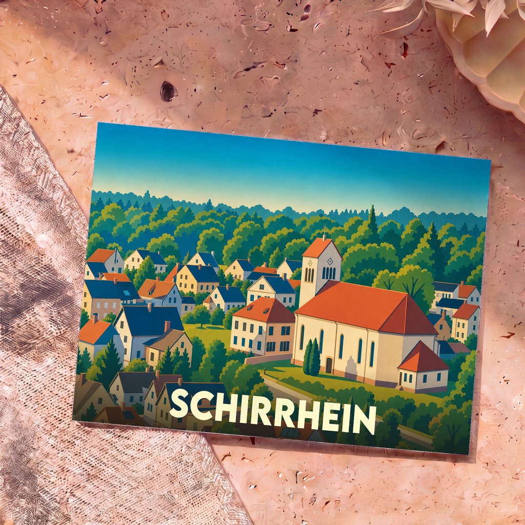 Carte postale souvenir de la ville de Schirrhein avec une illustration stylisée et colorée.