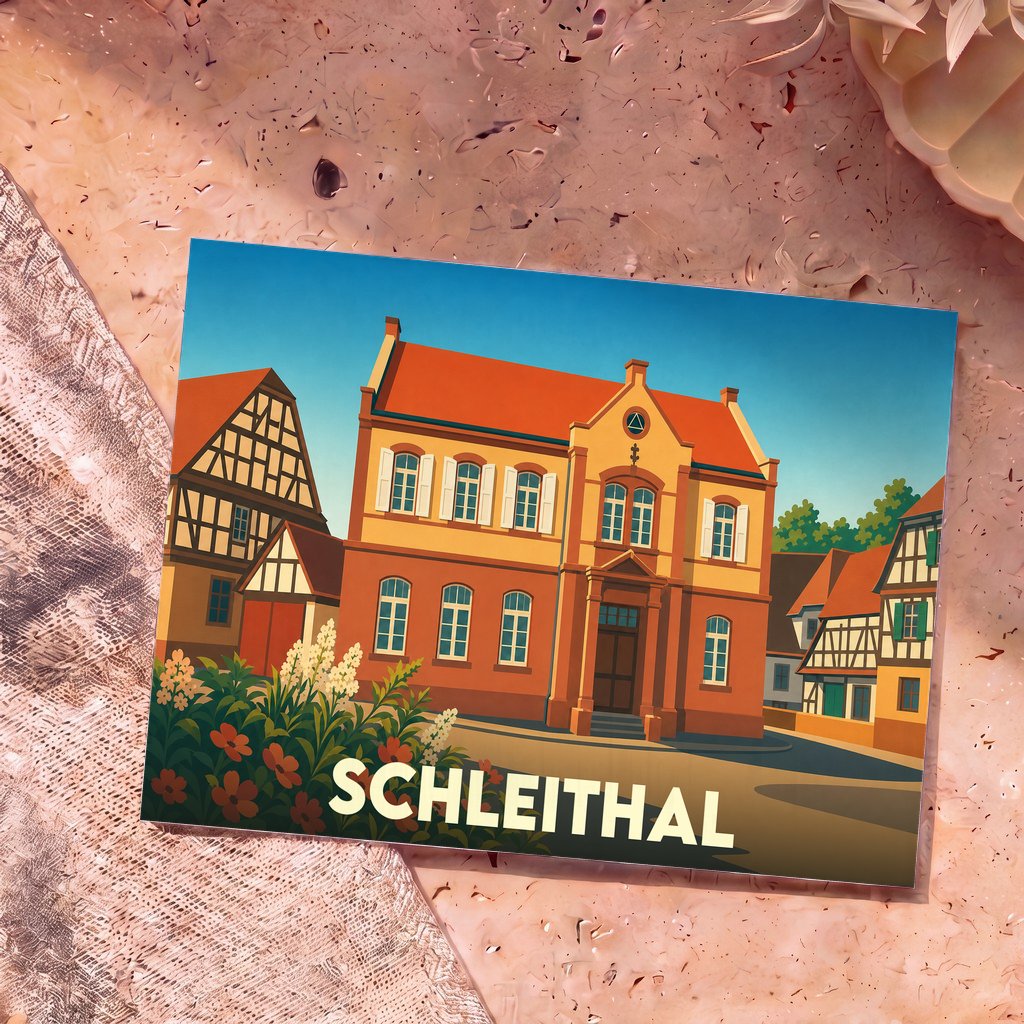 Carte postale souvenir de la ville de Schleithal avec une illustration stylisée de ses bâtiments traditionnels.