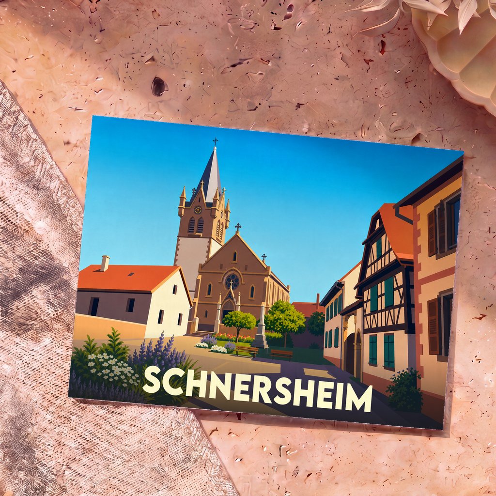 Carte postale souvenir de la ville de Schnersheim avec une illustration stylisée montrant son église et des maisons à colombages.