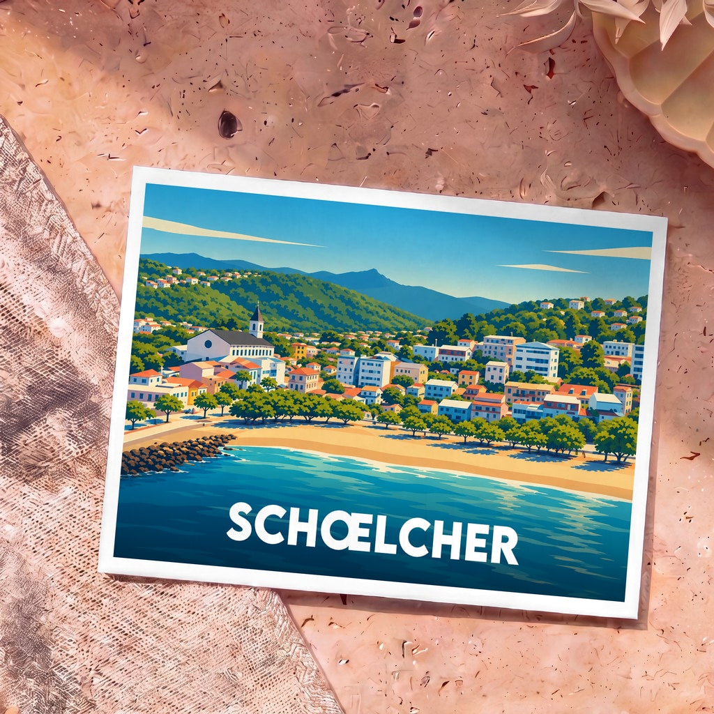 Carte postale souvenir de la ville de Schœlcher avec une illustration stylisée de son front de mer.