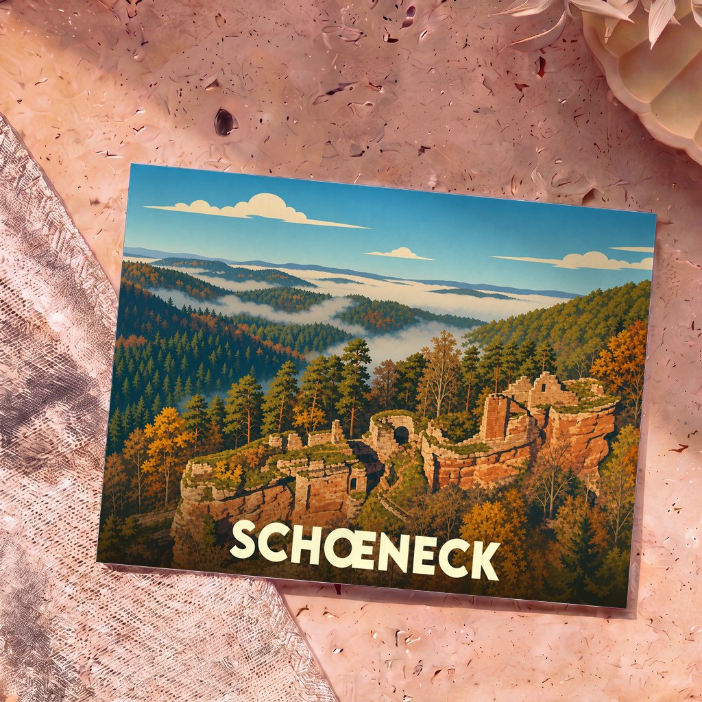 Carte postale souvenir de la ville de Schœneck avec une illustration stylisée d'un paysage forestier et de ruines.