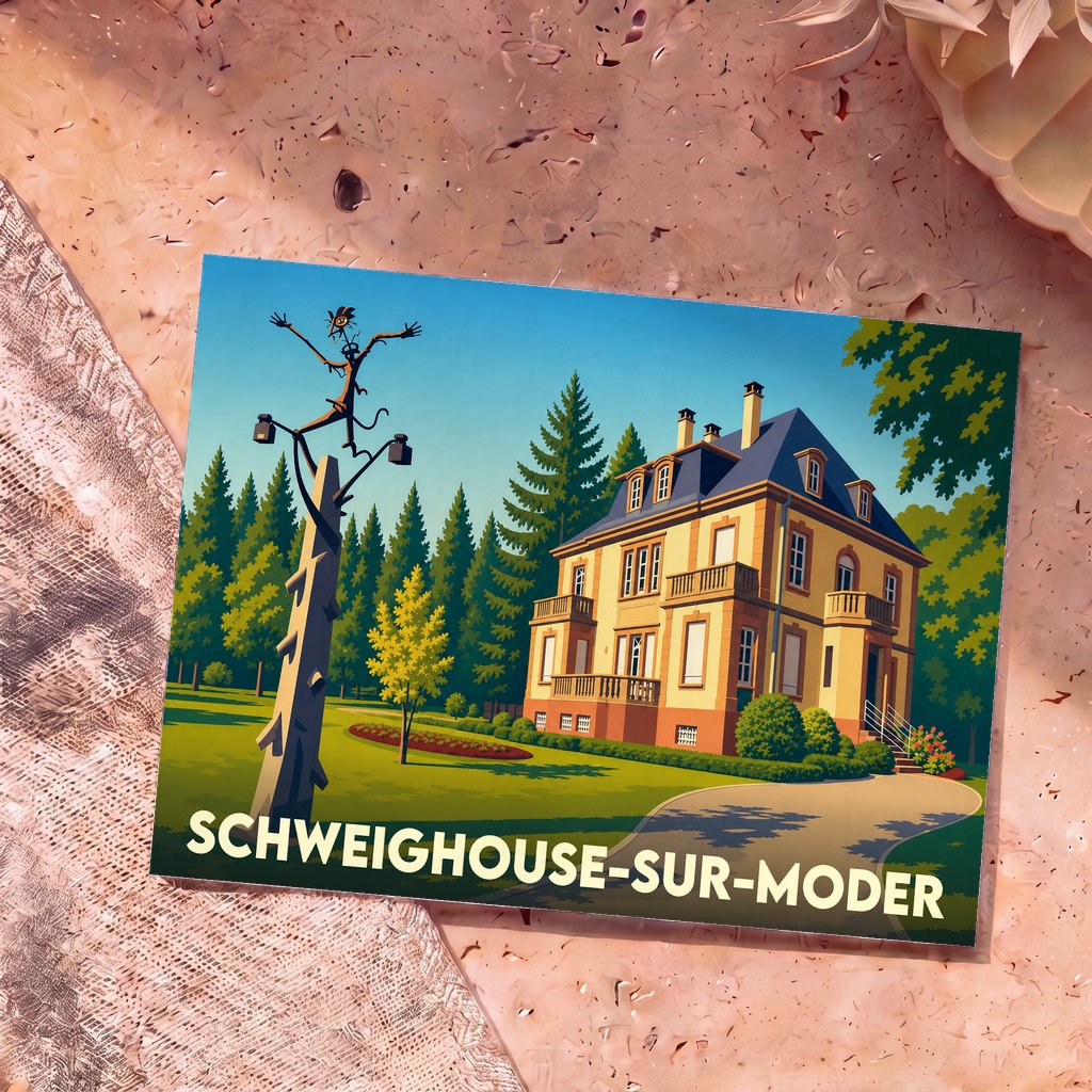 Carte postale souvenir de Schweighouse-sur-Moder illustrant une grande demeure alsacienne et une sculpture originale dans un style graphique épuré.