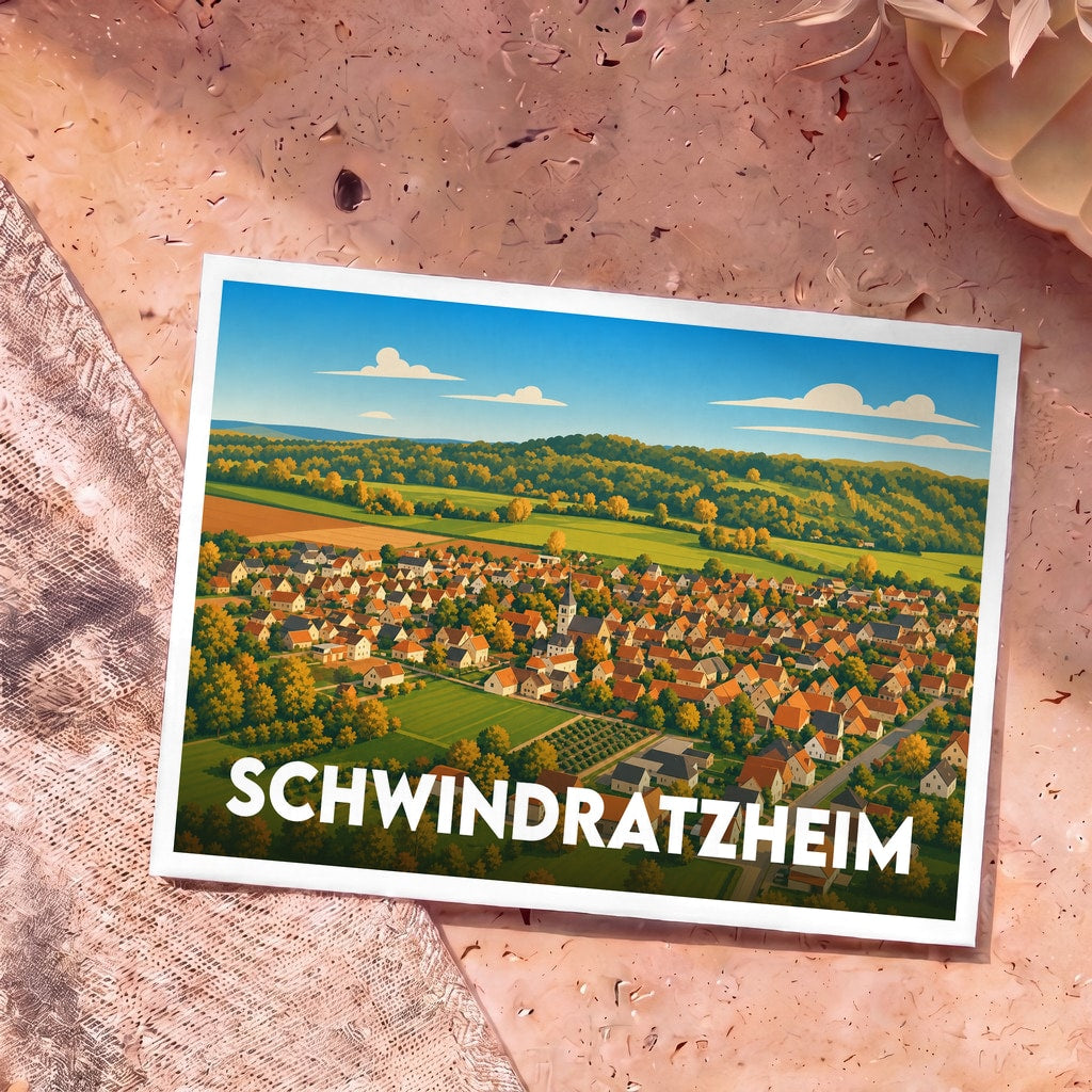 Carte postale souvenir de la ville de Schwindratzheim avec une illustration panoramique stylisée.
