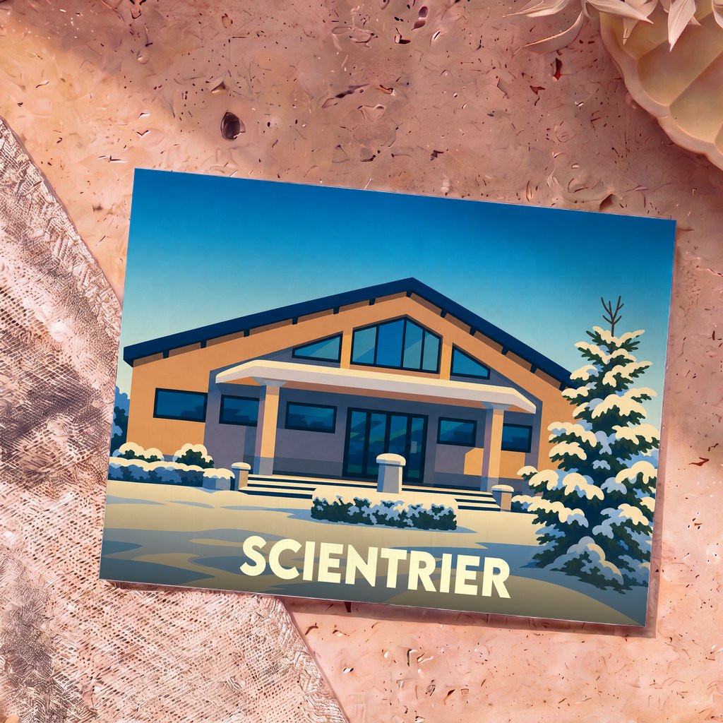 Carte postale souvenir de la ville de Scientrier illustrant un bâtiment moderne sous la neige dans un style graphique épuré.