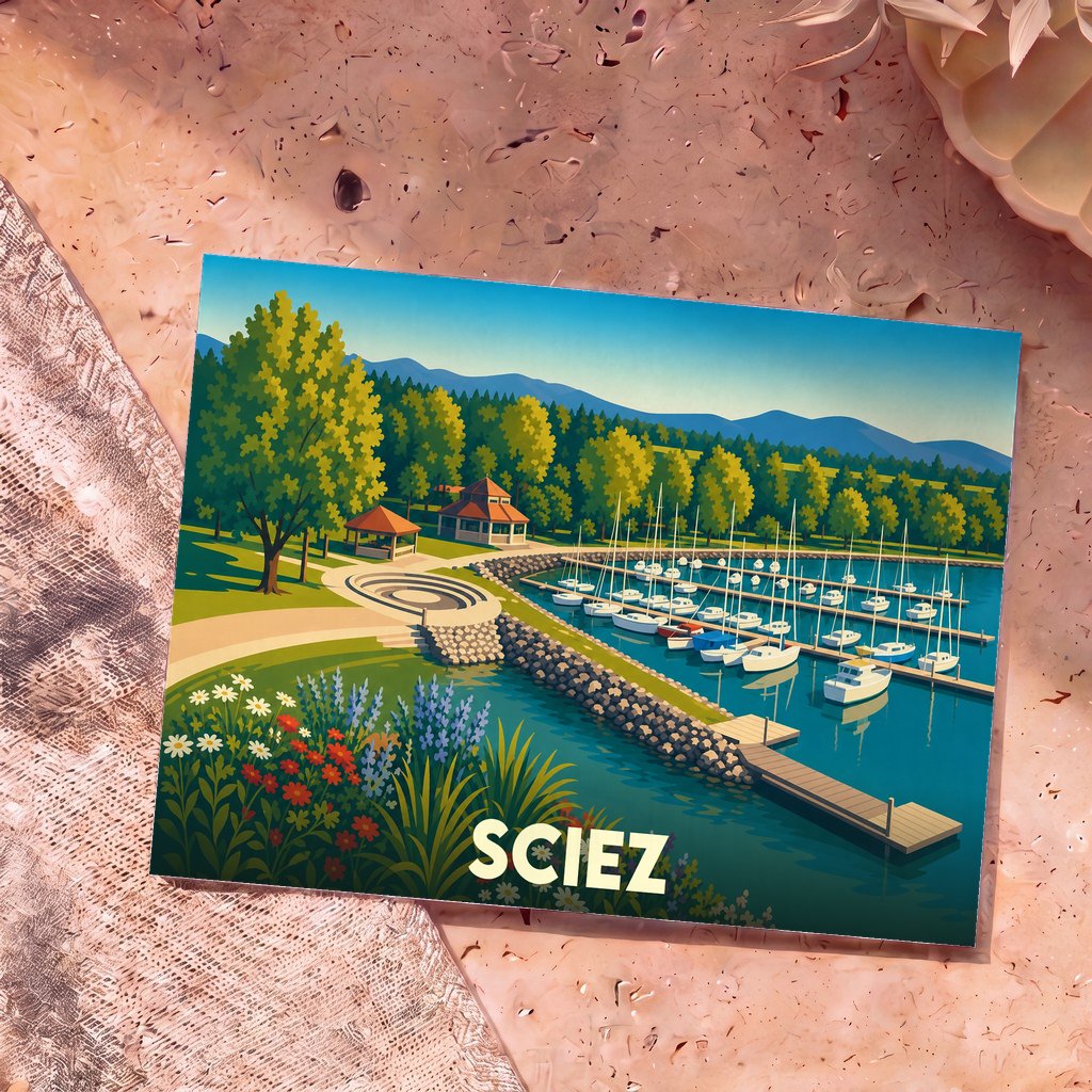 Carte postale souvenir de la ville de Sciez illustrant son port de plaisance dans un style graphique coloré.