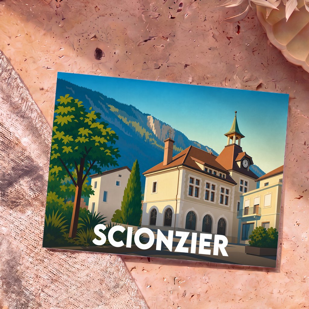 Carte postale souvenir de la ville de Scionzier présentant une illustration stylisée de son architecture locale sur fond de montagnes.
