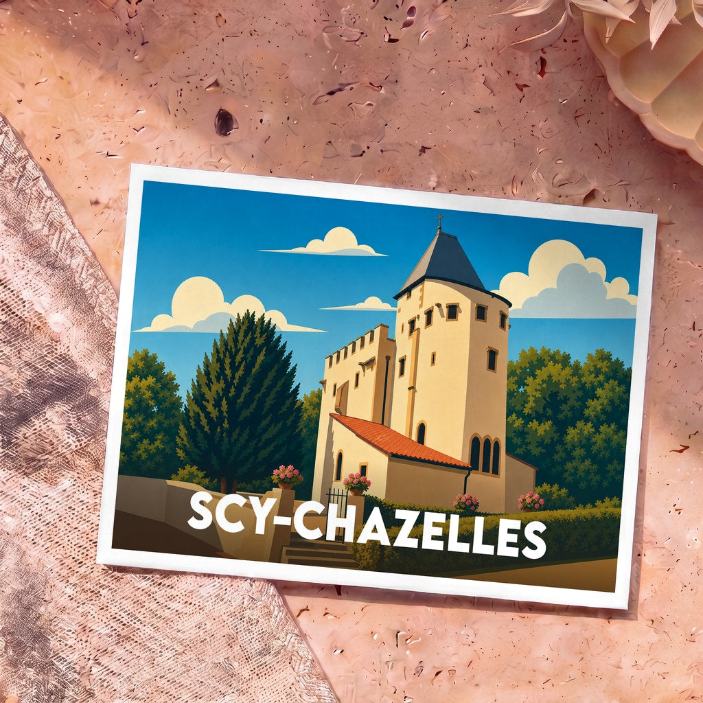 Carte postale souvenir de la ville de Scy-Chazelles illustrant une église fortifiée dans un style graphique épuré.