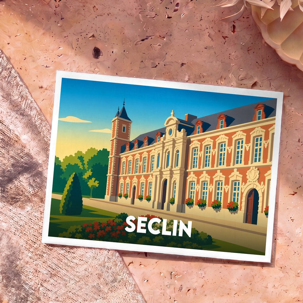 Carte postale souvenir de la ville de Seclin avec une illustration stylisée de son hôpital historique.