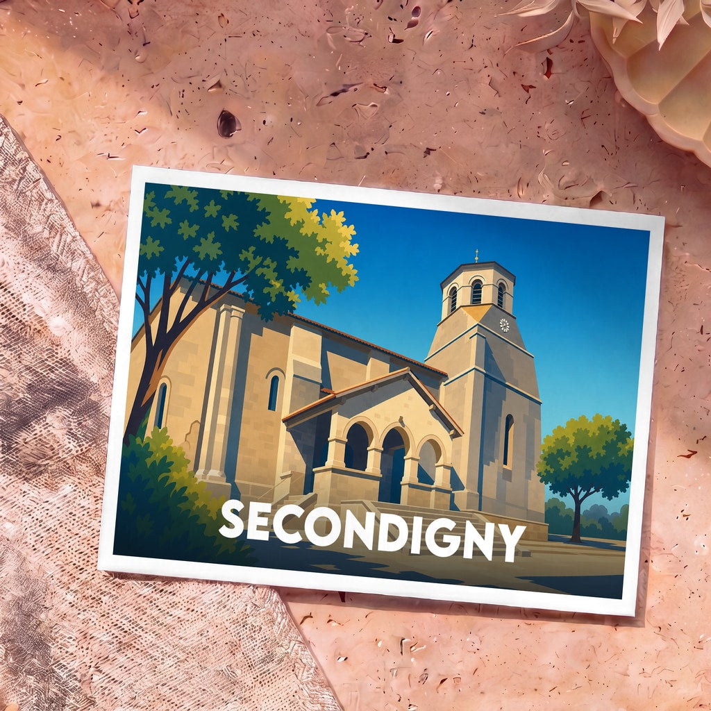 Carte postale souvenir de la ville de Secondigny avec une illustration stylisée d'une église sous un ciel bleu.