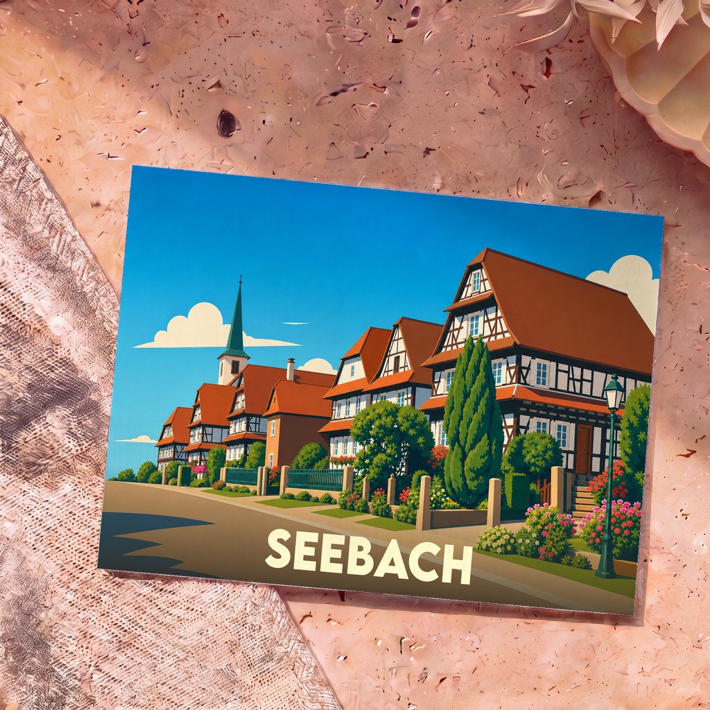 Carte postale souvenir de la ville de Seebach avec une illustration stylisée de maisons à colombages et d'un clocher.
