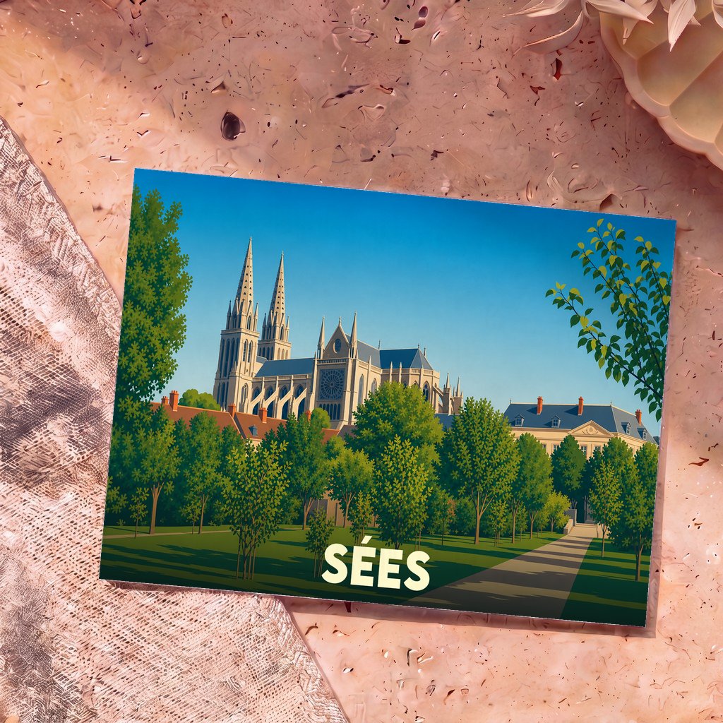 Carte postale souvenir de la ville de Sées avec une illustration stylisée de sa cathédrale et de ses jardins.