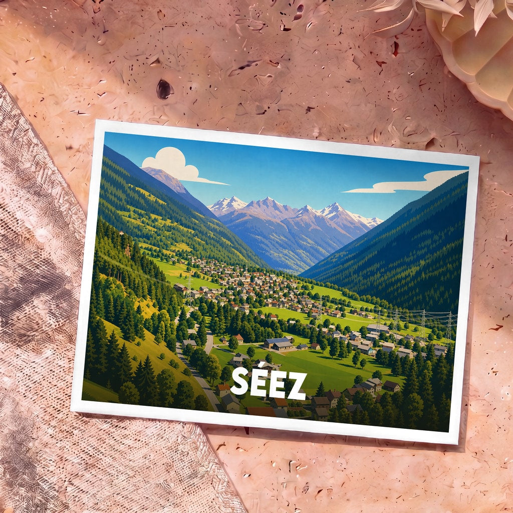 Carte postale souvenir de la ville de Séez avec une illustration stylisée d'un village de montagne.