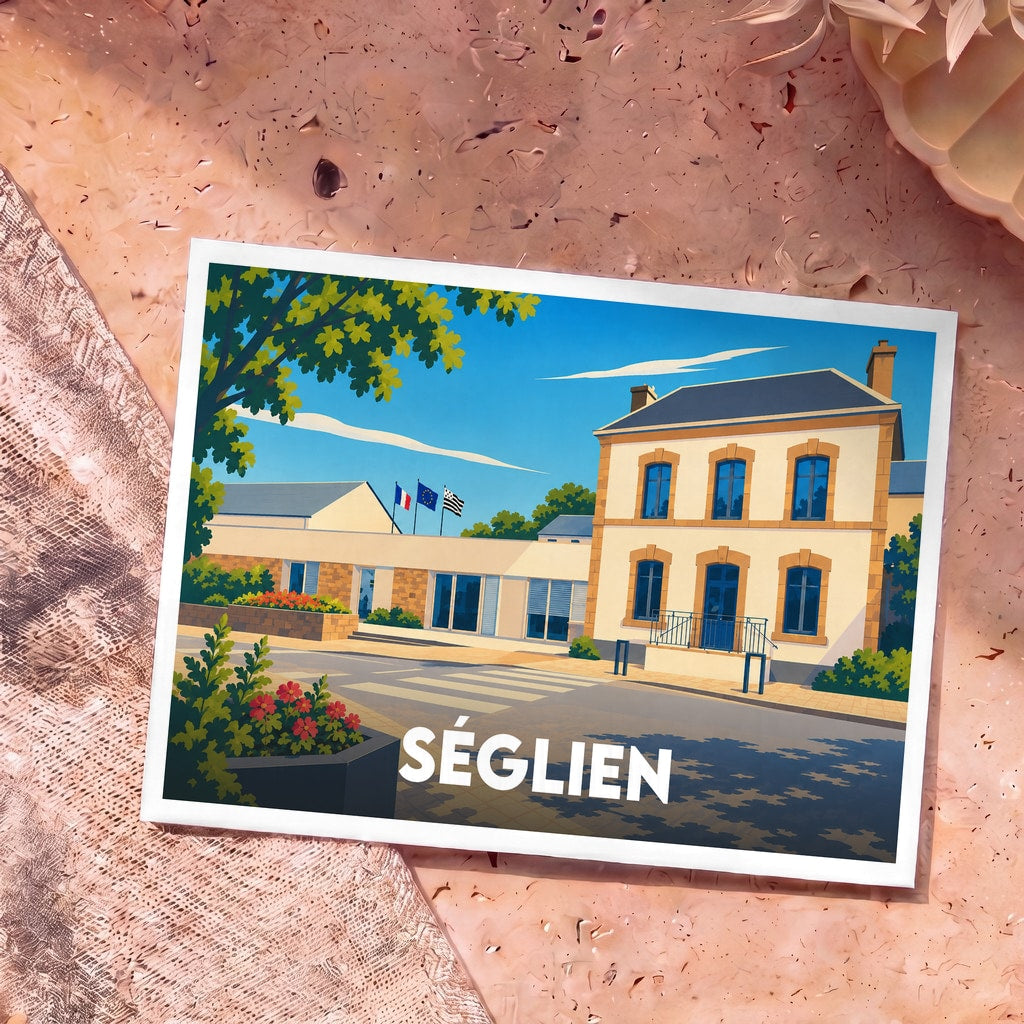 Carte postale souvenir de la ville de Séglien avec une illustration stylisée de sa mairie sous un ciel bleu.