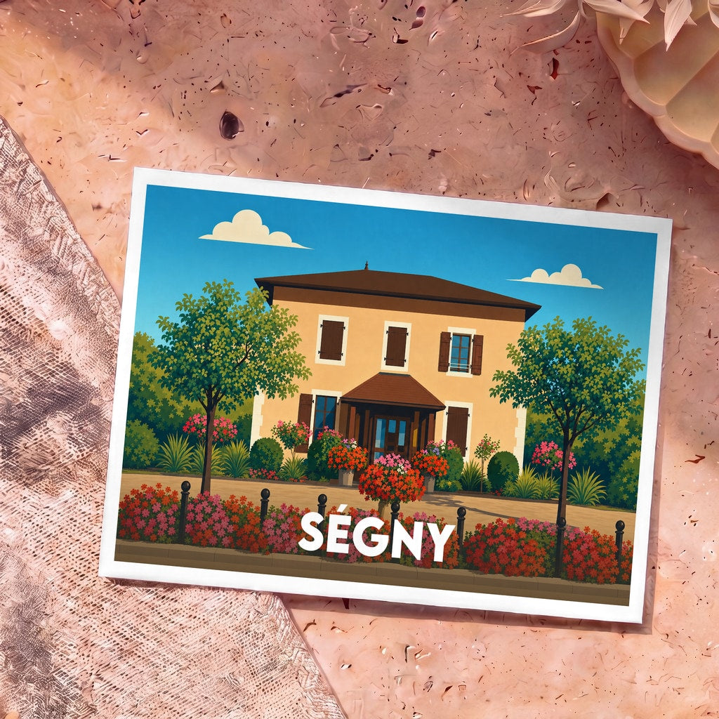 Carte postale souvenir de la ville de Ségny représentant une maison de maître entourée d'un jardin fleuri.