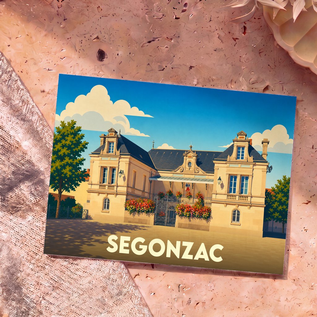Carte postale souvenir de la ville de Segonzac avec une illustration stylisée de son hôtel de ville.