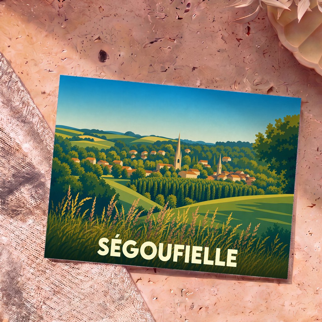 Carte postale souvenir de la ville de Ségoufielle avec une illustration stylisée de son paysage vallonné.