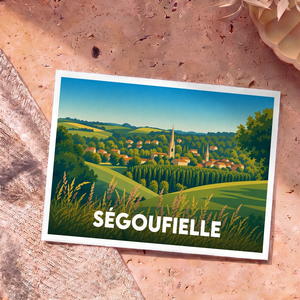 Carte postale souvenir de la ville de Ségoufielle avec une illustration stylisée de son paysage vallonné.