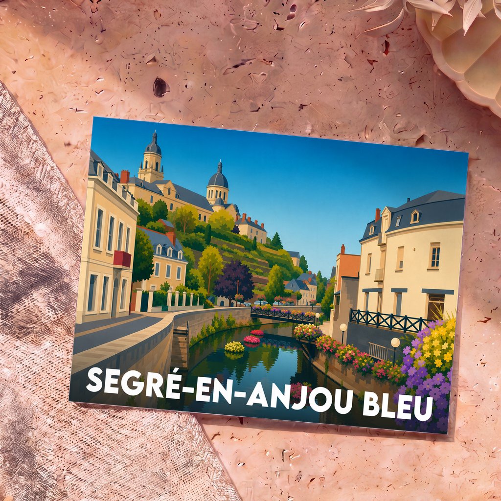 Carte postale souvenir de la ville de Segré-en-Anjou Bleu avec une illustration colorée et stylisée de ses monuments au bord de l'eau.