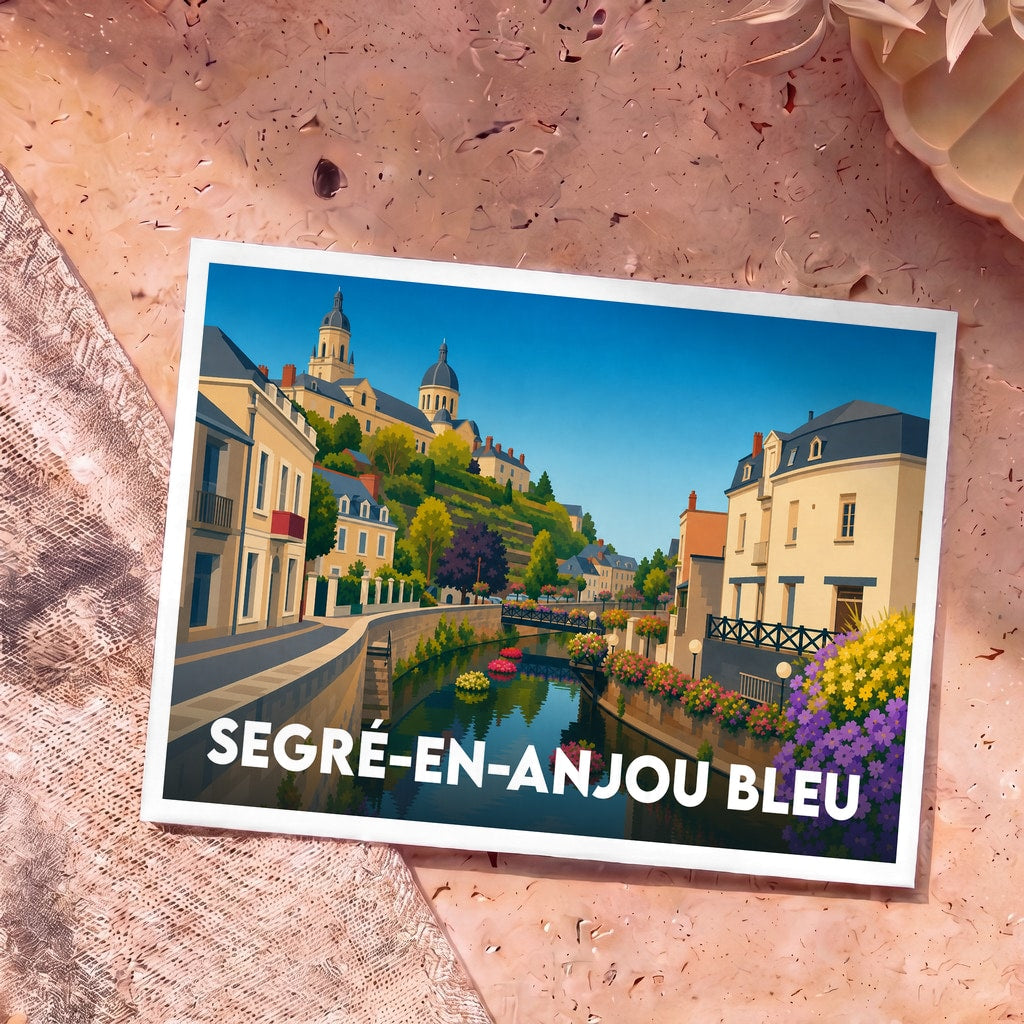 Carte postale souvenir de la ville de Segré-en-Anjou Bleu avec une illustration colorée et stylisée de ses monuments au bord de l'eau.