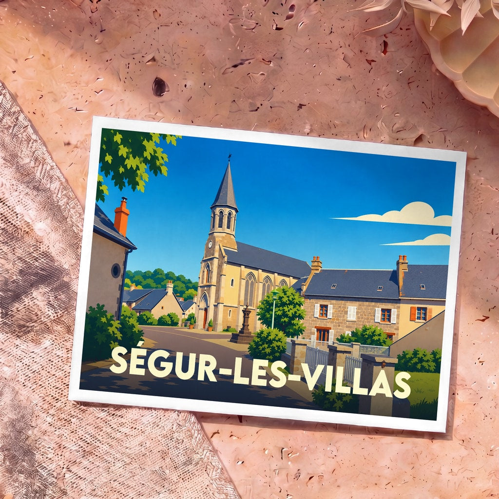 Carte postale souvenir de la ville de Ségur-les-Villas avec une illustration colorée de son église et de ses maisons en pierre.