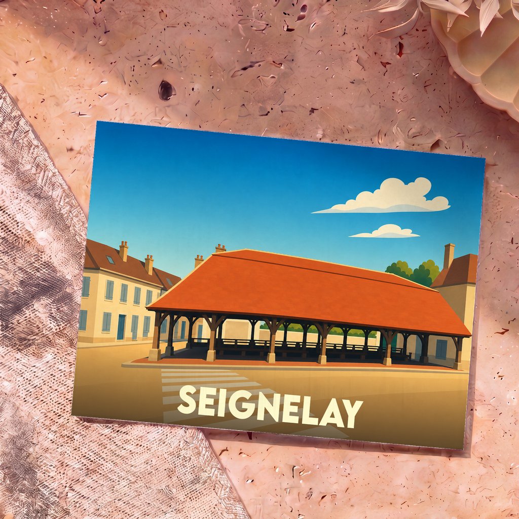 Carte postale souvenir de la ville de Seignelay avec une illustration stylisée de sa halle historique.