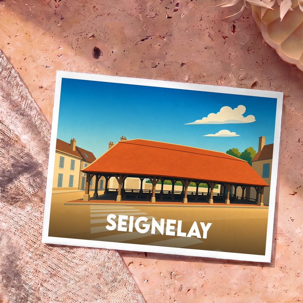 Carte postale souvenir de la ville de Seignelay avec une illustration stylisée de sa halle historique.