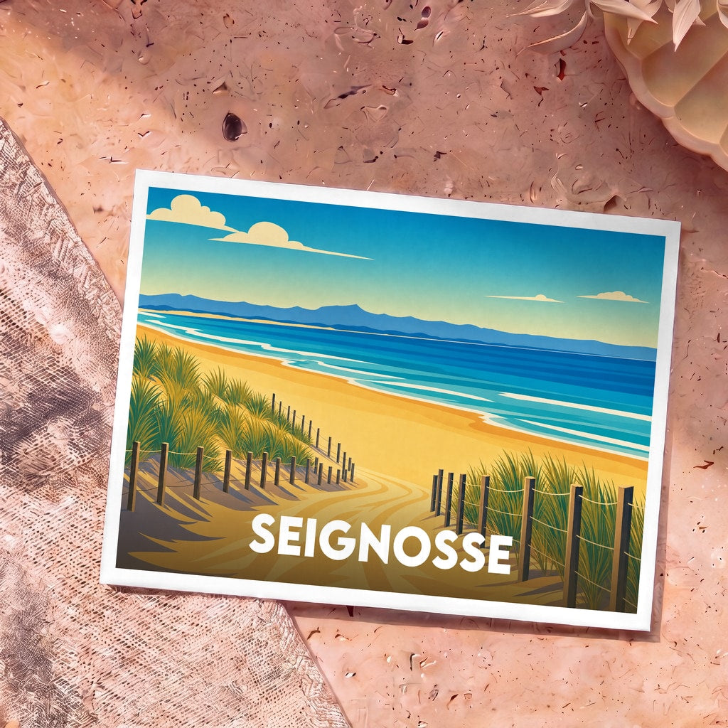 Carte postale souvenir de la ville de Seignosse avec une illustration stylisée d'un chemin dunaire menant à l'océan.