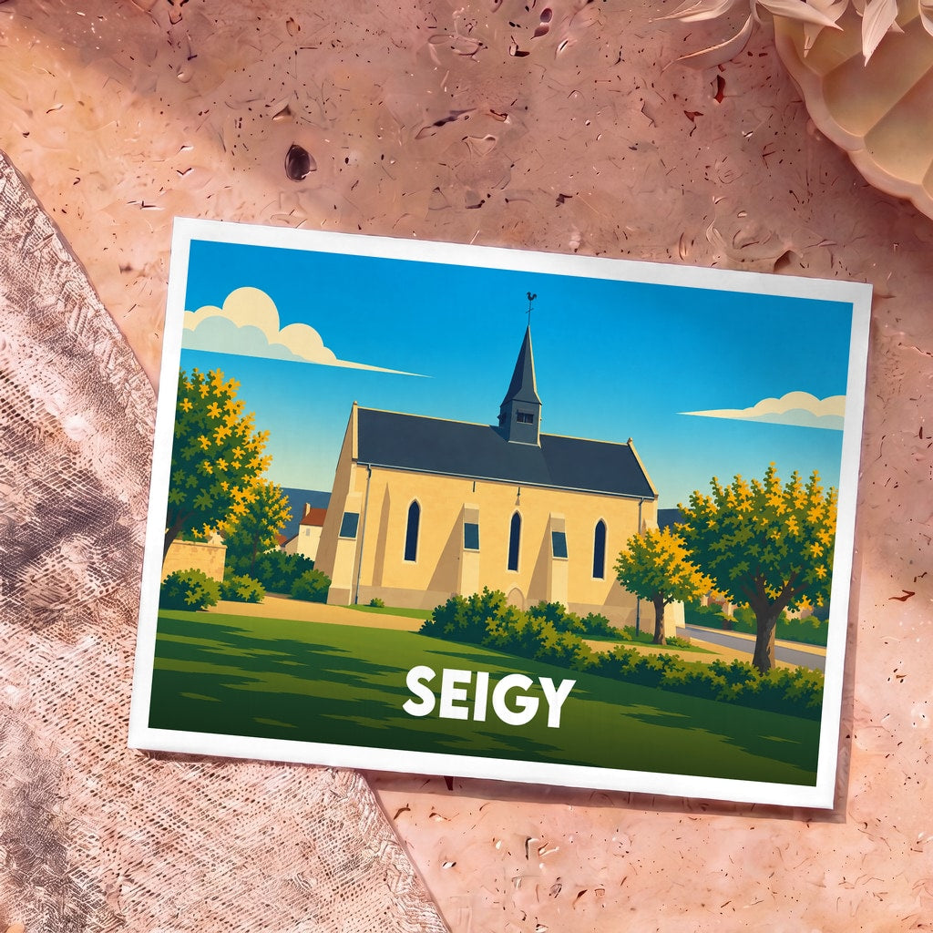 Carte postale souvenir de la ville de Seigy illustrant son église dans un style graphique épuré.